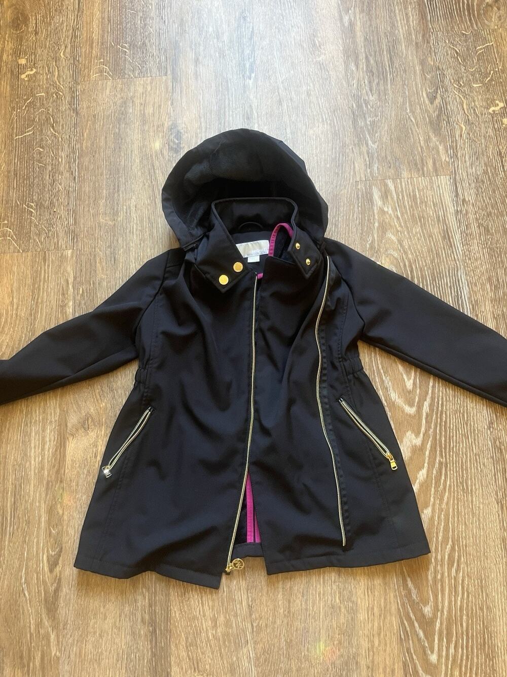 Michael Kors All Weather Jacket Girls 7-8 Black Gold Zip Fleece Lined Hooded